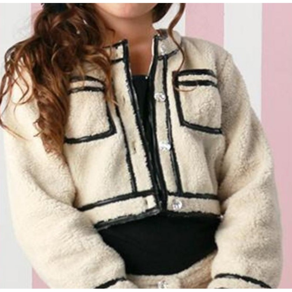 Ooh!La,La! Couture black faux leather trim cardigan Teddy fleece girl Szβ 12